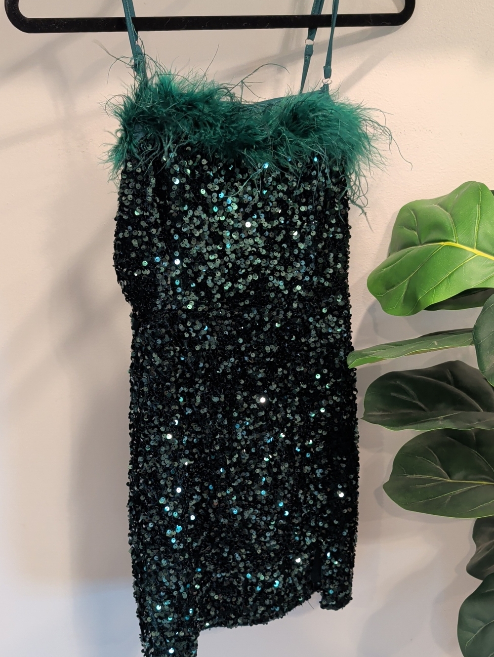 Altar'd State Emerald Green Sequin Feather-Trim Mini Dress